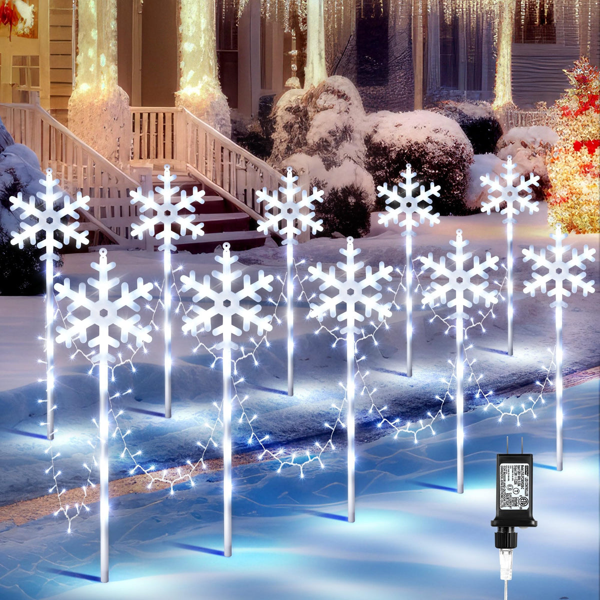 ElectricWise 10 Pcs Christmas Snowflake Pathway Stake Lights for Outdoor Yard, 370 Bright LEDs Waterproof Large Christmas Snowflake Light Decoration for Garden Lawn Driveway Walkway Decor(Cool White)