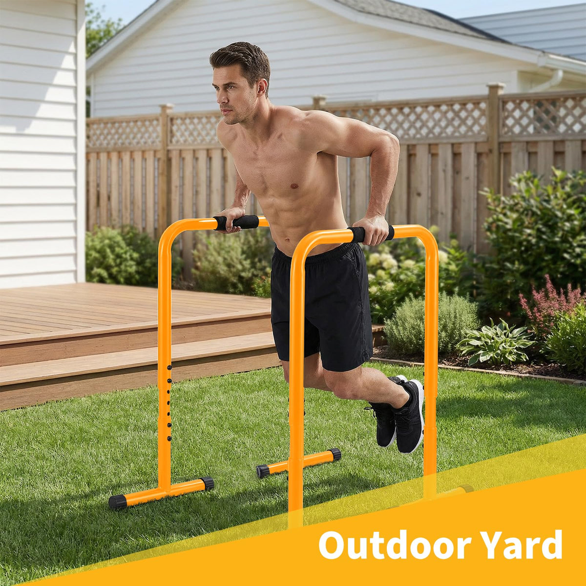 NEWBULIG Dip Bar Station, Adjustable Parallel Parallettes Bar with Soft High-Density Foam Handles, Heavy Duty Dip Stands Workout Equipment for Home, Gym, Patio, Office - Yellow