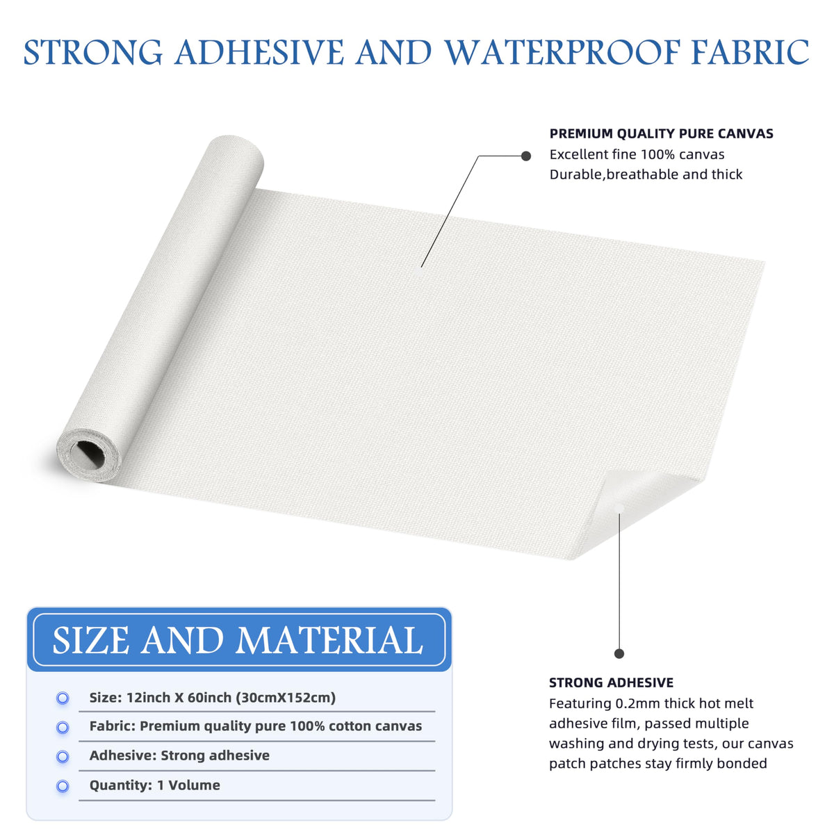 KING MOUNTAIN Canvas Iron on Patch,12"×60",Waterproof 100% Cotton Fabric Repair Patch,Used for Various Sofa,Tent,Clothes,Seats,Suitcases (White,Waterproof)