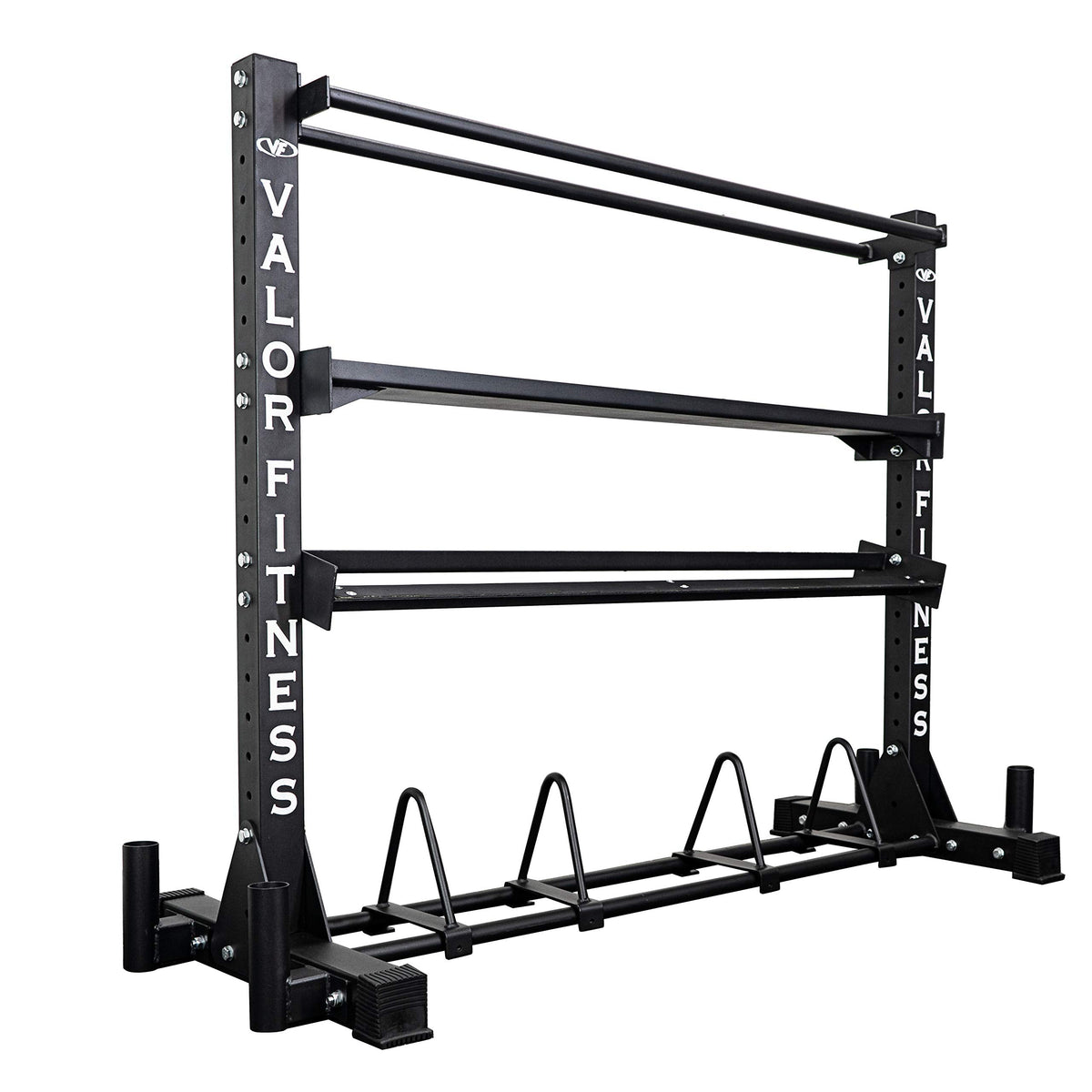 Valor Fitness Heavy Duty 4-Tier Gym Equipment Storage Rack – Organize Kettlebells, Dumbbells, Medicine Balls, Bumper Plates & 4 Barbells, 1200 lb Capacity for Home Gym Sports Equipment Organizer
