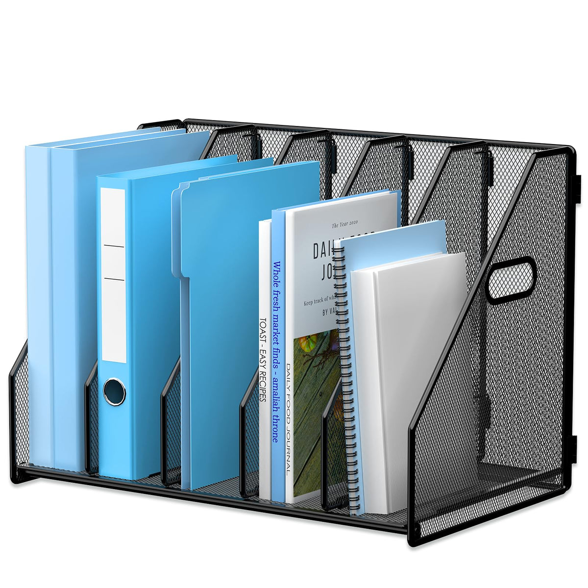 MINDEPOT Desk File Organizer Metal Desk Magazine Folder Holder with 5 Vertical Compartments Rack File Organizer for Office, Home, School, Black