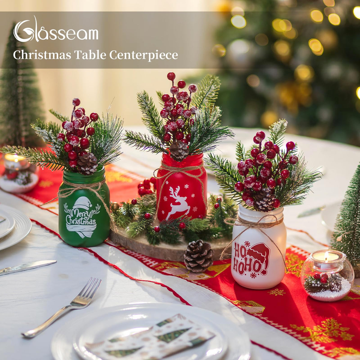 Glasseam Christmas Vases for Table Centerpiece: 3pcs Christmas Decorations Mason Jar with Artificial Flowers - Glass Flower Vases Set for Indoor Fireplace Mantle Home Decor