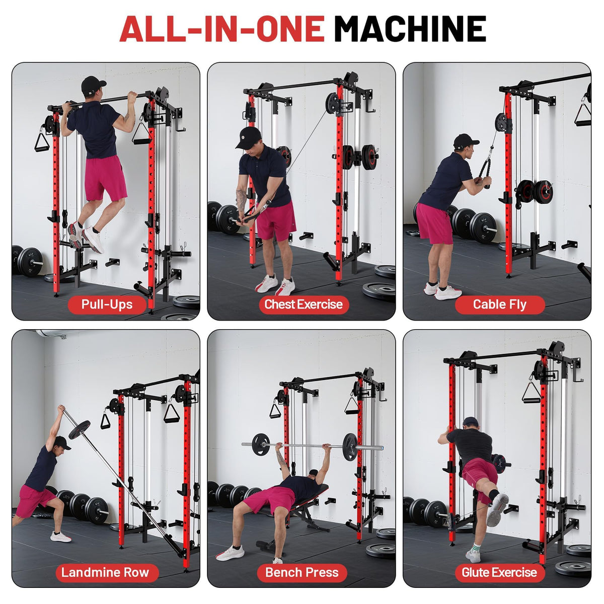 GarveeHome Folding Squat Rack, Wall Mounted Power Rack with Dual Pulley System & Pull Up Bar, Fitness Equipment for Home Gym, Garage, Apartment