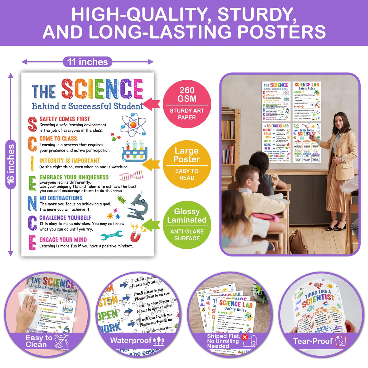 Lalunia 4 Pcs Science Posters for Classroom Decor (11"x 16") - Lab Safety Rules, STEM Wall Art for Middle School, Teacher Supplies, Bulletin Board Decorations, Science Classroom Must Haves