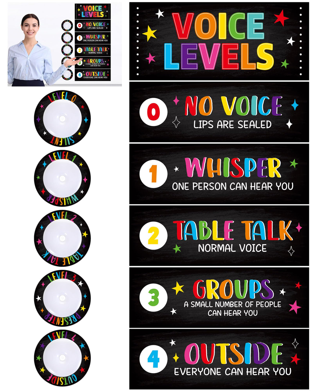 5 Pcs School Push Light and Voice Level Poster Voice Level Chart Monitor Rules Sign LED Tap Light Classroom Rules Poster Noise Chart Classroom Management Tools for Teachers（Colorful chalkboard Style）