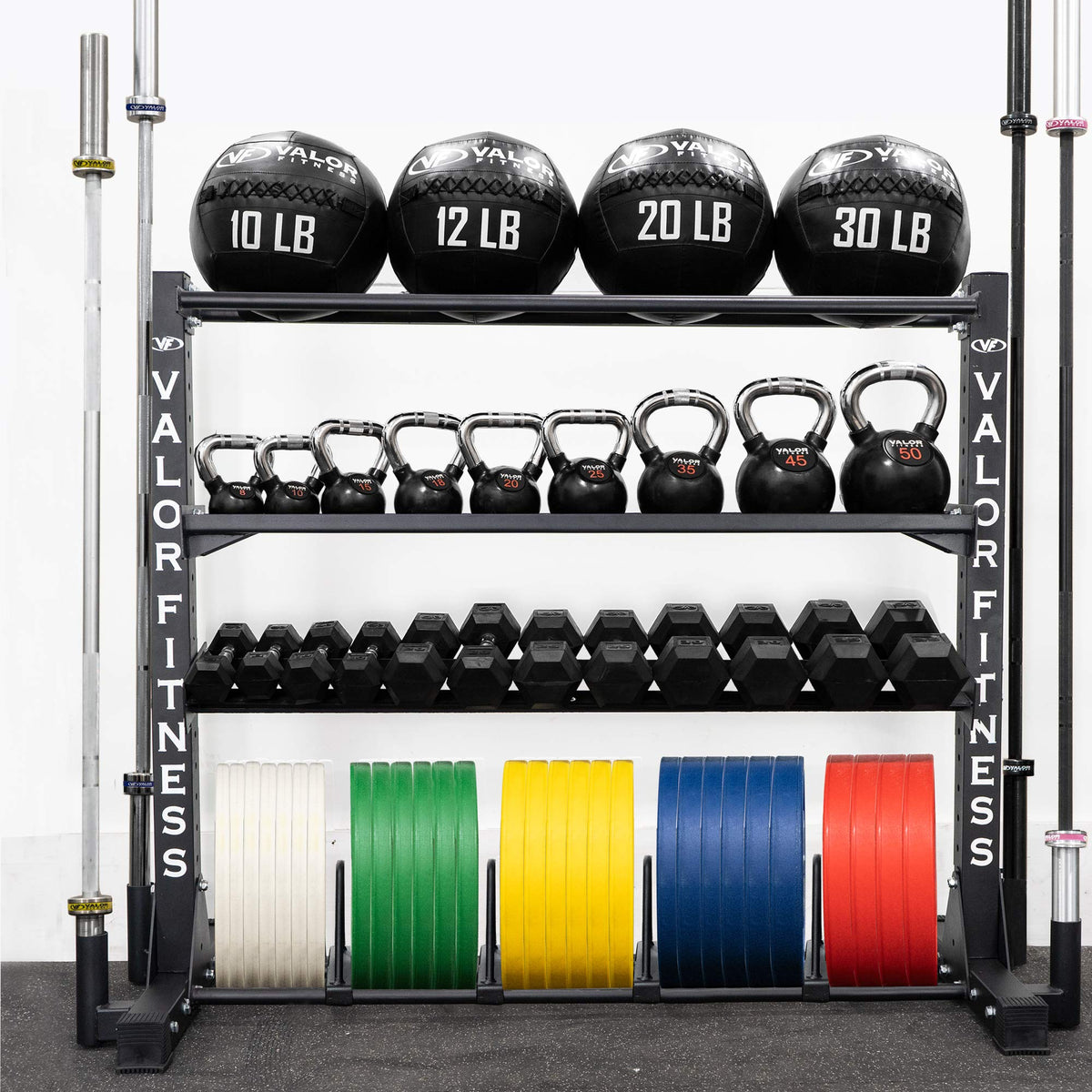 Valor Fitness Heavy Duty 4-Tier Gym Equipment Storage Rack – Organize Kettlebells, Dumbbells, Medicine Balls, Bumper Plates & 4 Barbells, 1200 lb Capacity for Home Gym Sports Equipment Organizer