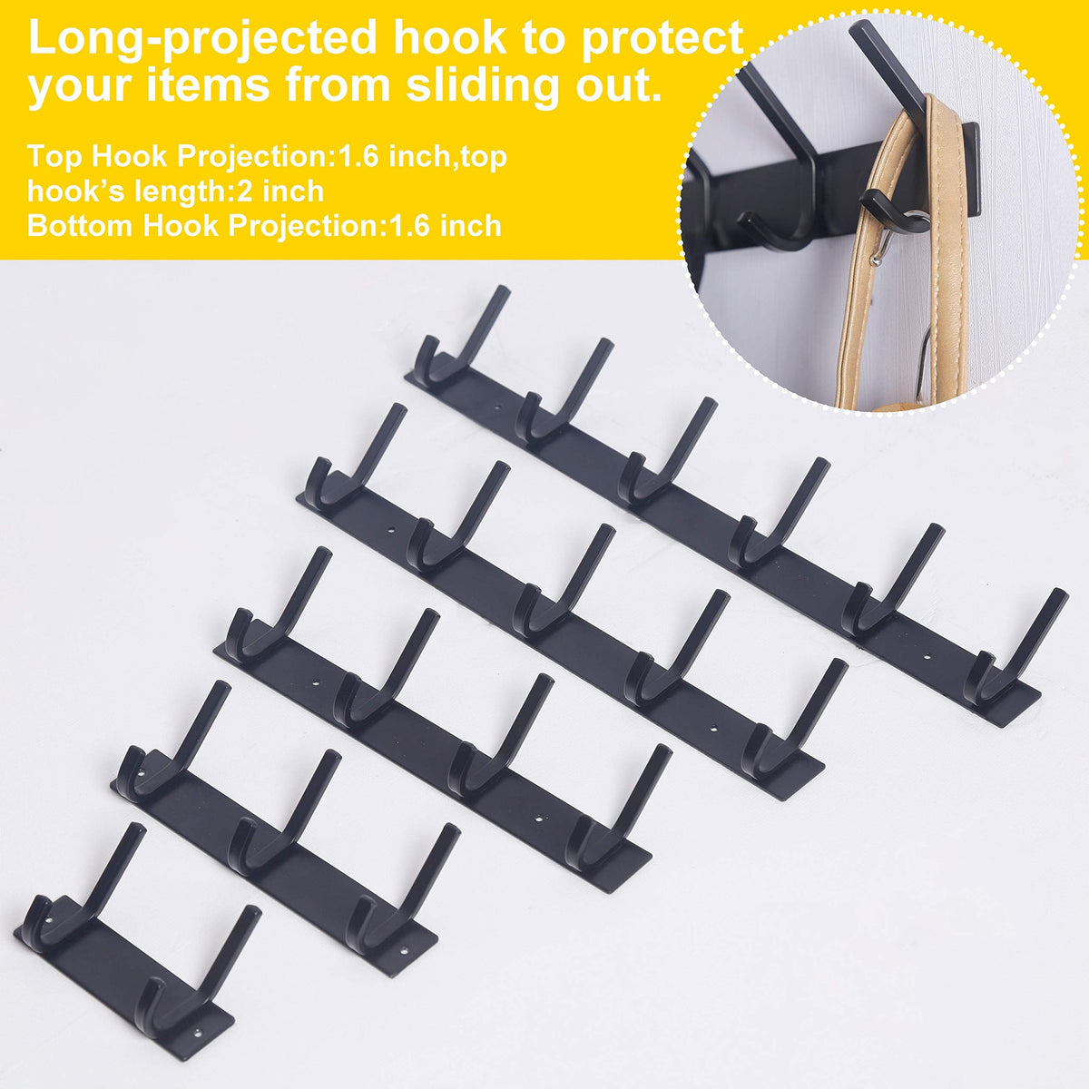 WEBI Coat Rack Wall Mounted,17-1/8 Inch Coat Hooks for Hanging Coats,Heavy Duty Metal Hook Rack Rail with 6 Double Dual Hooks Coat Hanger Wall Mount for Clothes Jacket,Black,2 Packs