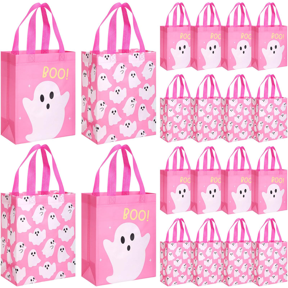 Wovnet 30 Pcs Halloween Party Favor Gift Bags Ghost Boo Pink Reusable Non Woven Goodie Treat Bags with Handle Horror Theme for Halloween Party Supplies 10 x 8 x 4in