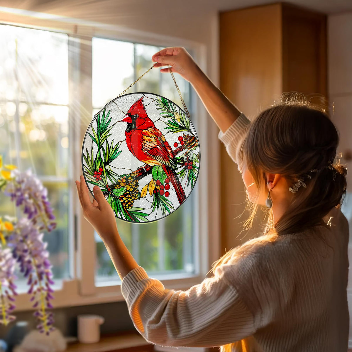 Stained Glass Window Hanging, 8 Inch Cardinal Sun Catcher, Stained Glass Decor, Suncatchers for Windows Hanging, Cardinal Window Decor, Gift for Bird Lovers, Gifts for Mom Grandma