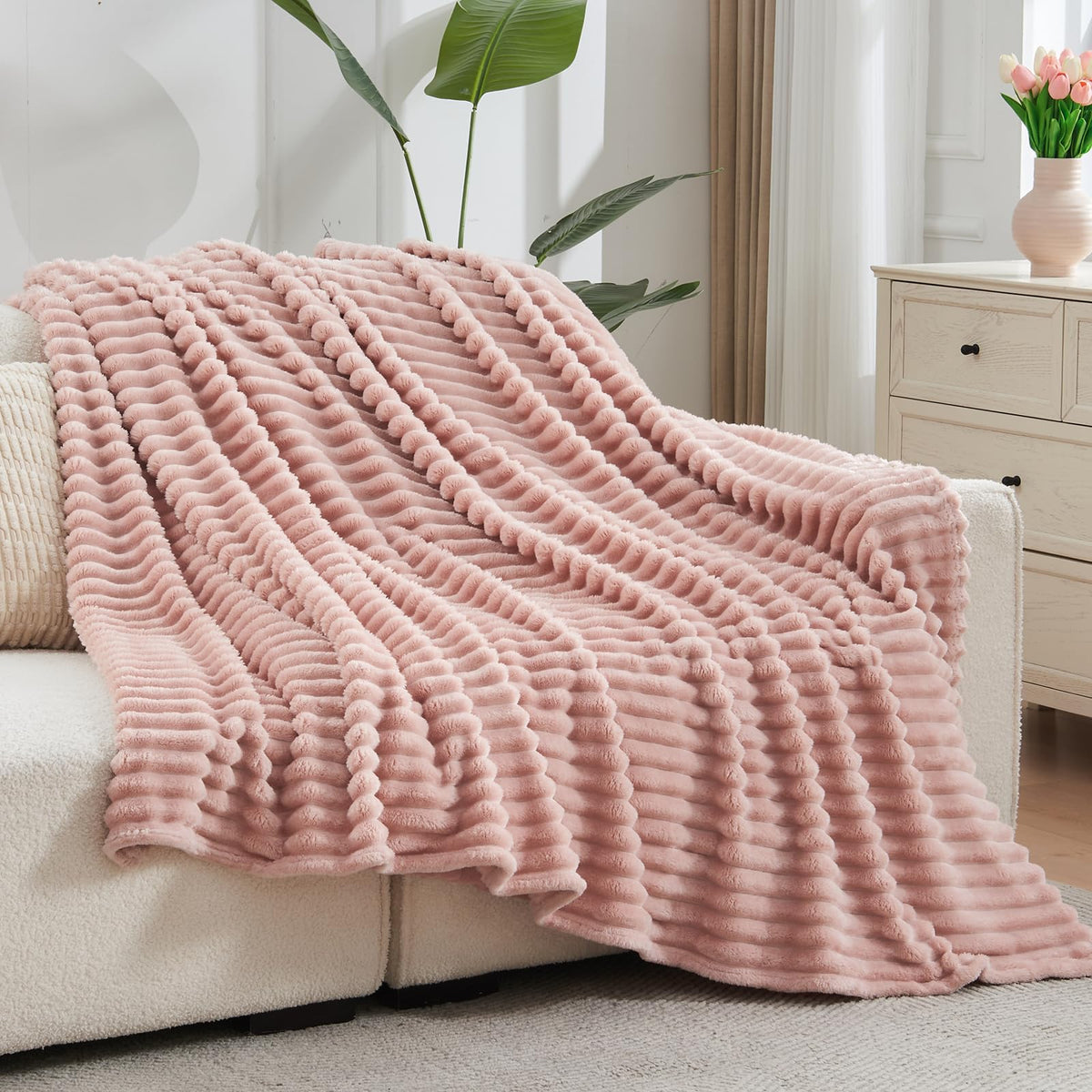 NEWCOSPLAY Super Soft Throw Blanket Pink Premium Silky Flannel Fleece 3D Ribbed Jacquard Lightweight Bed Blanket All Season Use (Pink Ribbed, Throw(50"x60"))