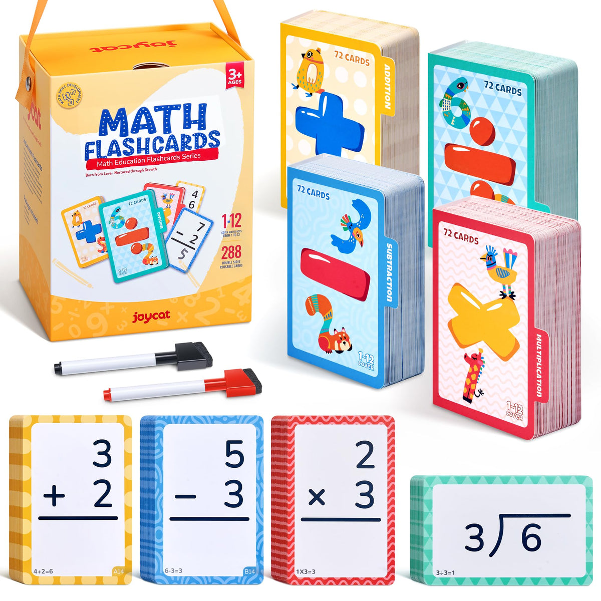 JoyCat 288 Math Flash Cards Set of 4- Multiplication, Division, Addition and Subtraction Flashcards for Kids 1st 2nd 3rd 4th 5th Grade or Kindergarten Homeschool Supplies