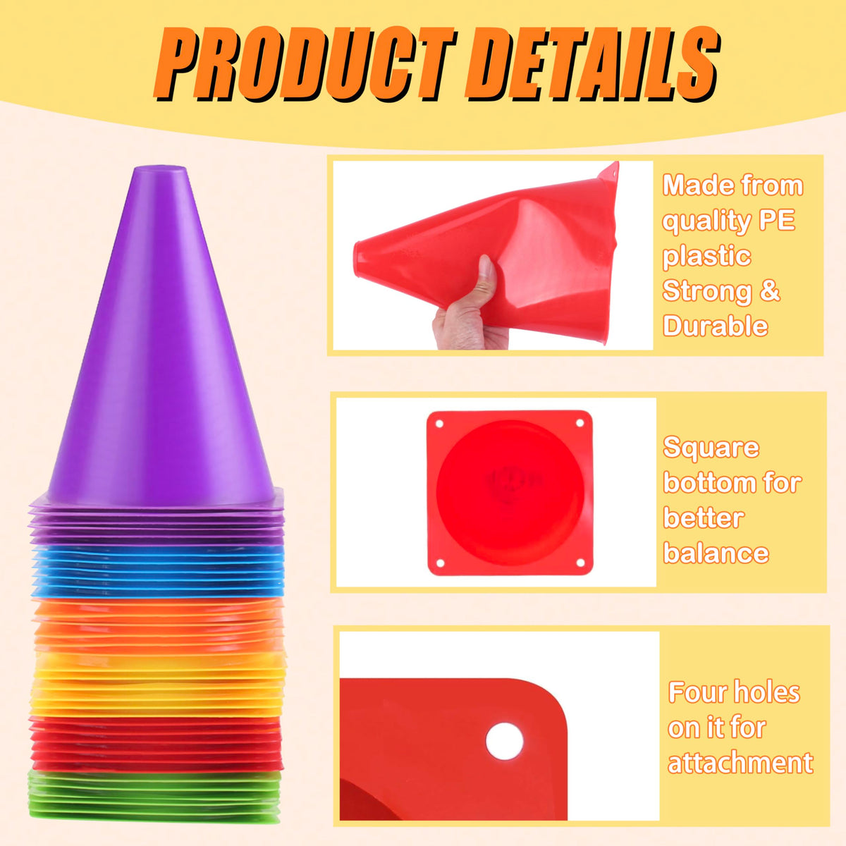 Qtheaes 7" Soccer Cones for Training, 36 Pack Sports Agility Field Plastic Small Cones for Kids Skating Basketball Football Practice Drills, 6 Colors