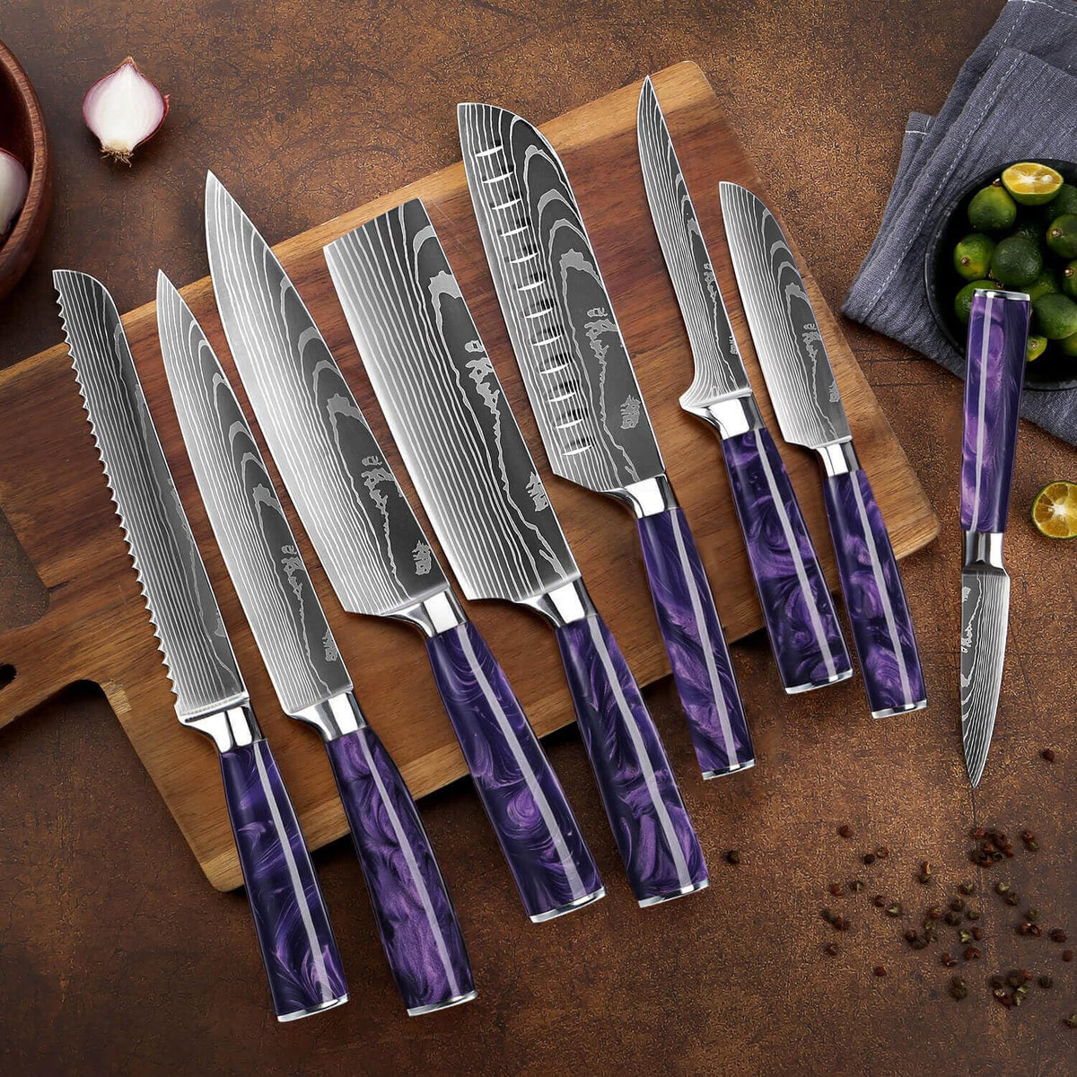 SENKEN 16-Piece Kitchen Knife Block Set - Japanese Chef's Knife Set with Laser Damascus Pattern, Includes 6 Steak Knives and Smoothly-Finished Acacia Hardwood Knife Block (Purple Resin Handles)