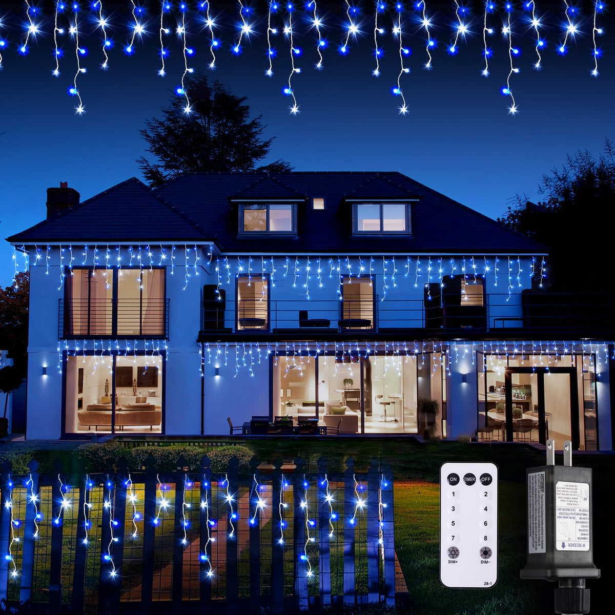 JMEXSUSS Blue&White Icicle Lights - 38.8FT 400 LED Icicle String Lights with Remote for Indoor/Outdoor, House, Bedroom, Fireplace, Birthday, Christmas Decorations