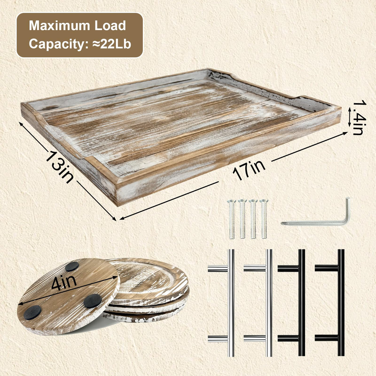 ComfyTune Wood Serving Tray with Metal Handles, 17x13in Large Wooden Tray for Ottoman, Coffee Table, Breakfast, Dinner & Bar, Decorative Tray for Living Room, Bedroom, Bathroom and Kitchen, Brown