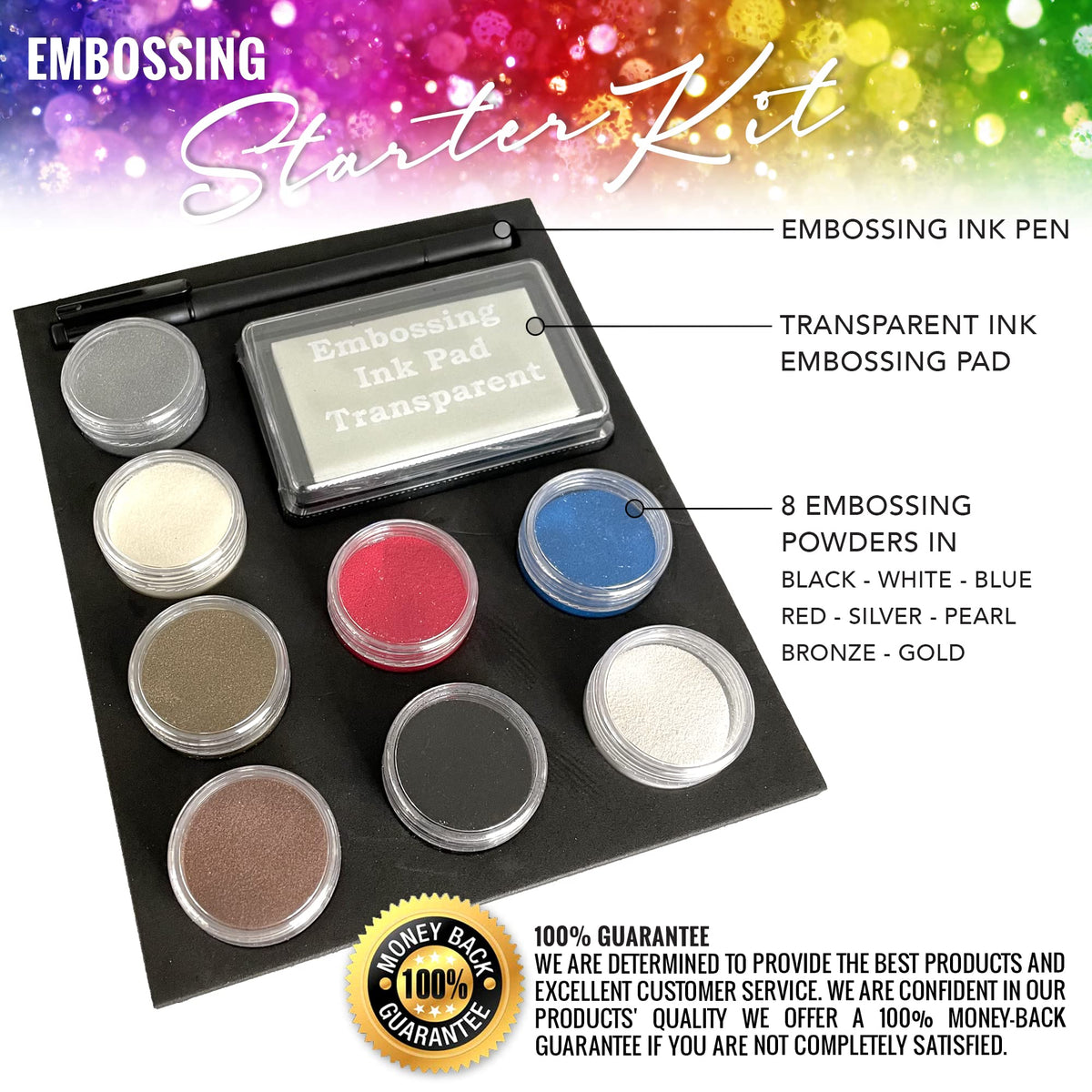 Embossing Kit, Powder, Clear Embossing Pen, Embossing Ink Pad, 8X 10ml Embossing Powders for Use with Embossing Heat Tool for Crafts