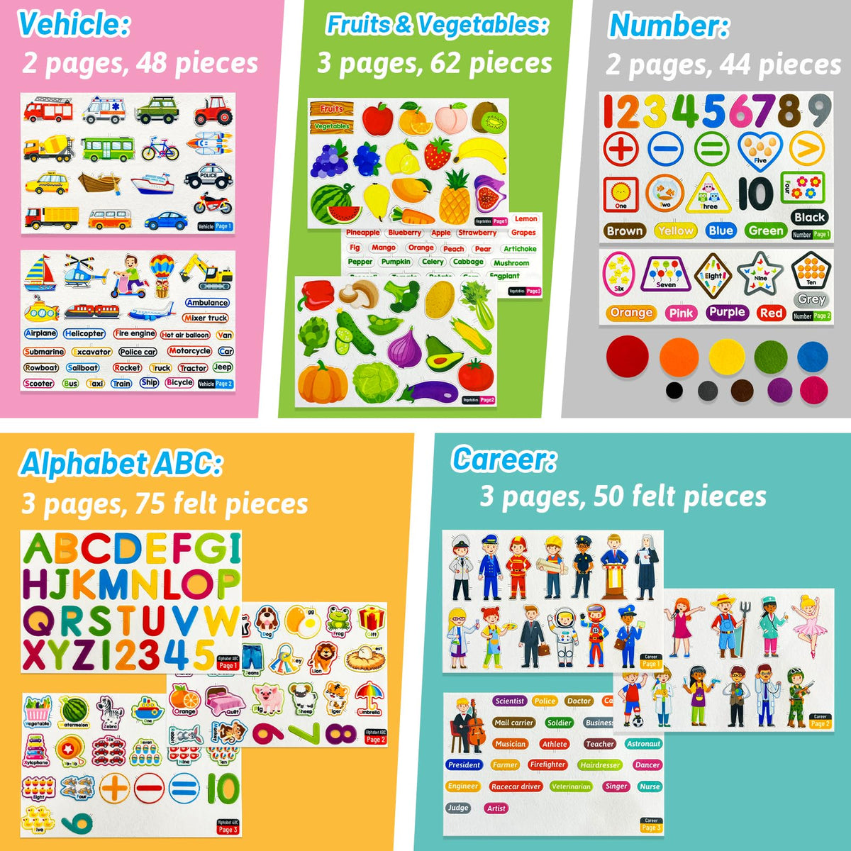 PENGFULL 5 Felt Learning Pieces Set,Alphabet Letters Fruits and Vegetables Numbers Community Helpers Transportation Learning Pieces,for Felt Flannel Board, for Toddlers Kindergarten Preschool