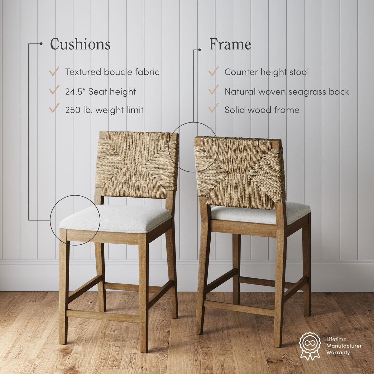 Nathan James Beacon Bohemian Boucle Bar Stool, Upholstered Counter Height Chair with Solid Wood Frame and Woven Seagrass Back for Kitchen Island, Light Brown/Seagrass/Cream Boucle, Set of 2