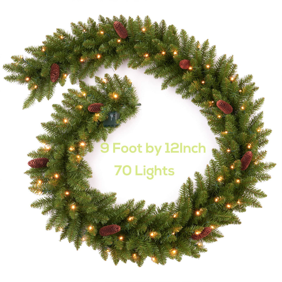 AMERZEST 9 FT Christmas Garland Pre-lit 70 LED Lights Holiday Artificial Decor for Stairs Mantle Door Indoor Outdoor Garland with Battery Operated Timer