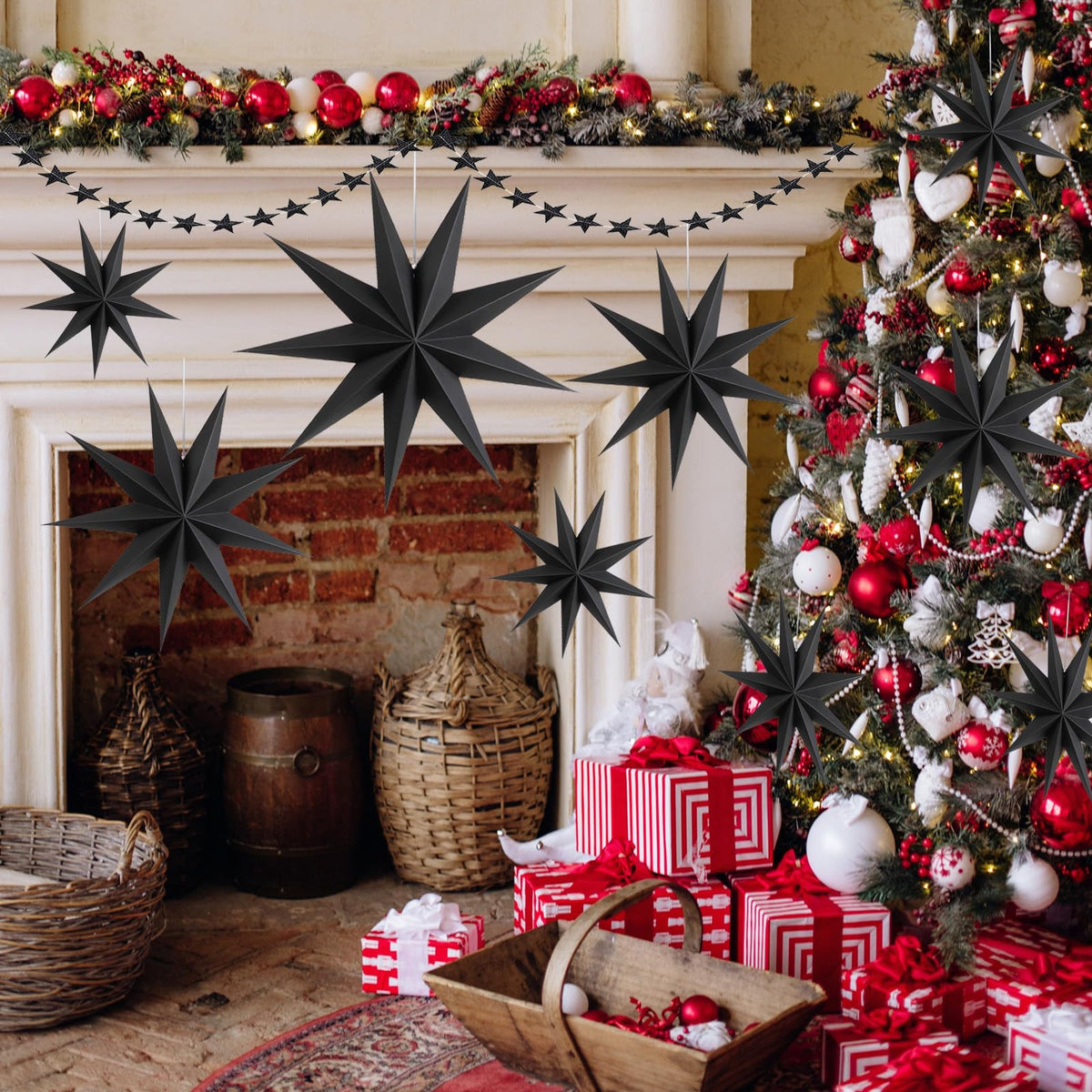 WNSIRVY 12 Pack 9-Pointed Large 3D Paper Star Lanterns Black Hanging Lanterns with Glitter Star Garland for Halloween & Christmas Parties & Weddings & Birthdays
