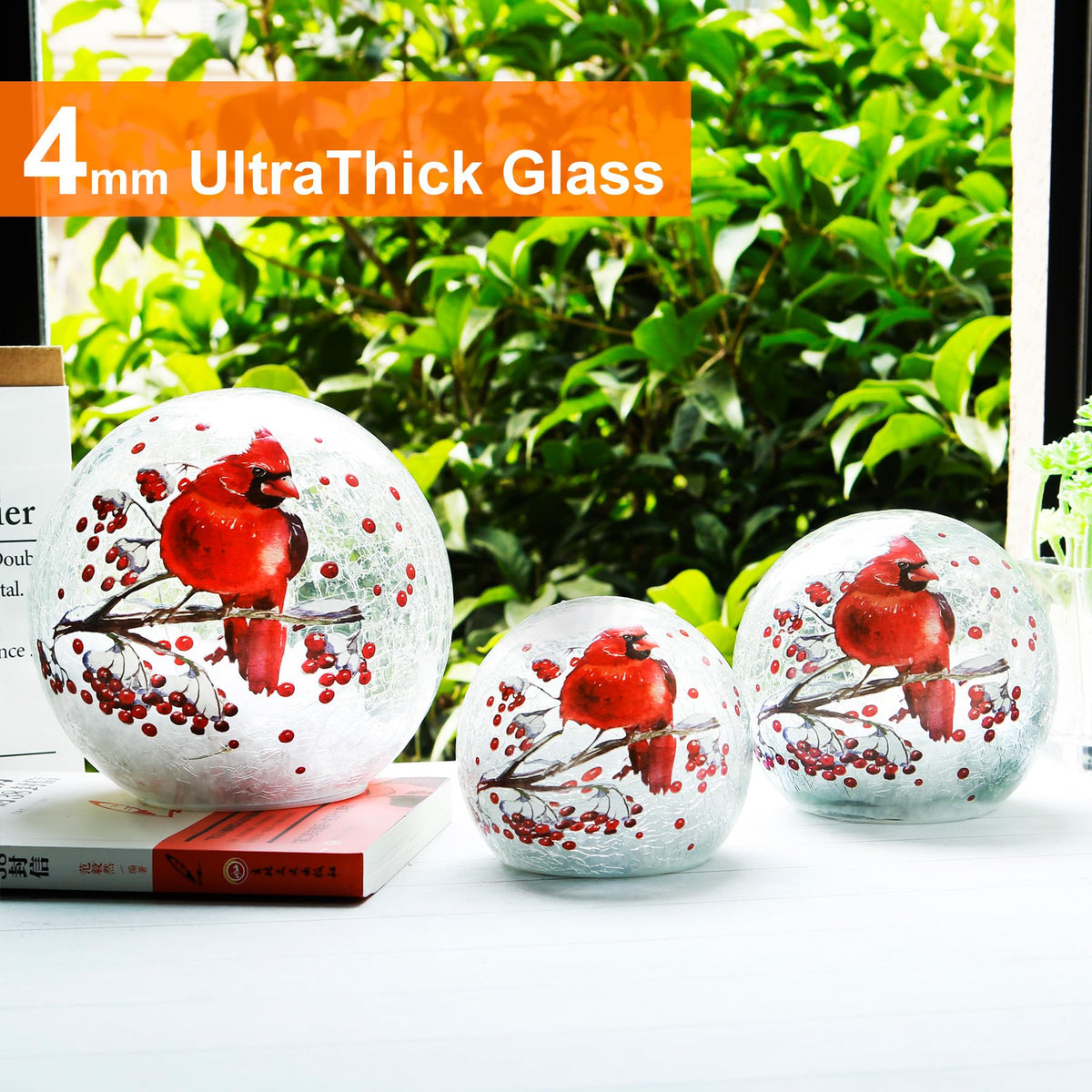 Crackle Glass Ball Cardinal Light Up Red Bird Stained Glass Christmas Decor Accent Globe Night Light, Mother's Day Gifts, Led Sphere Desk Table Lamp