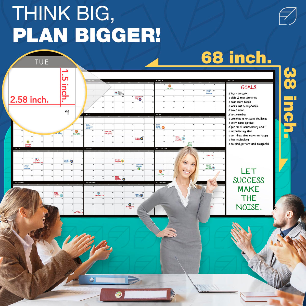 Large Dry Erase Calendar for Wall, 38" x 68" - Undated, Yearly, Reusable - Full 12 Month Year - Includes Markers, Eraser & Accessories