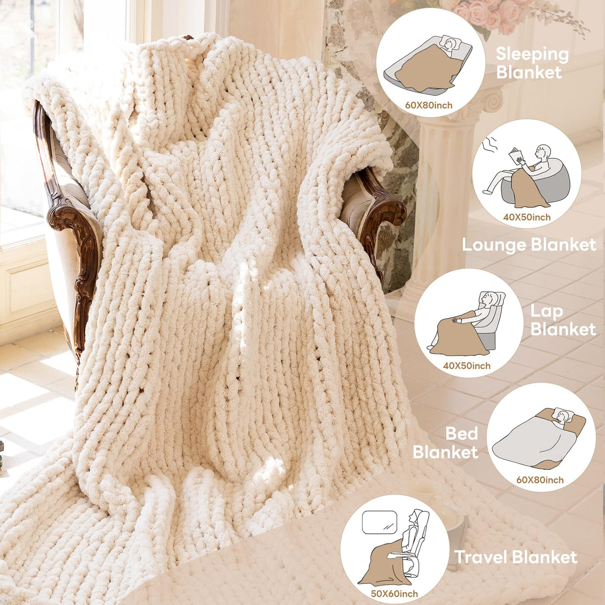 Larexius Chunky Knit Blanket - Luxury Soft Cozy 50 * 60 Throw Blanket,100% Woven Blanket Rope Knot Throw Blanket for Couch, Sofa, Home Decor, Gift - Machine Washable (Cream, 50 * 60)