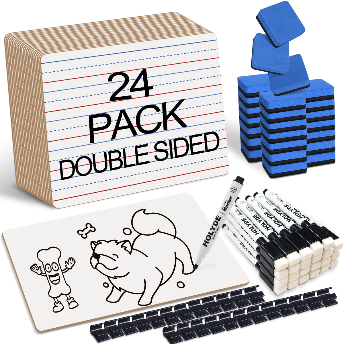 Set of 24 Dry Erase Boards, Double Sided Small Whiteboards with Lines for Kids, Students, Teacher & Classroom Pack, 9"x12" Mini Individual White Boards Lined for Writing with 24 Markers, 24 Erasers