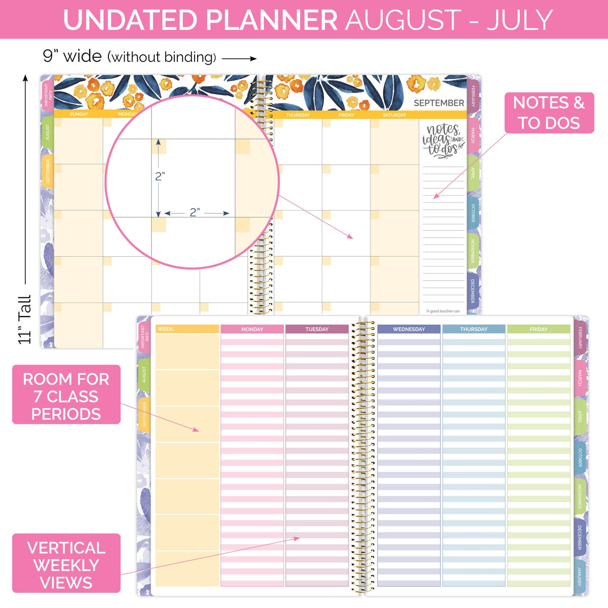 bloom daily planners Undated Academic Year Teacher Planner & Calendar - 7 Period Lesson Plan Organizer Book with Frosted Cover (9" x 11") (Watercolor Floral)