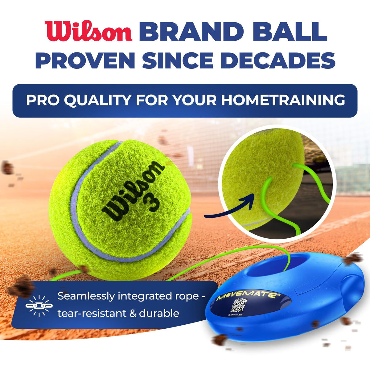 MOVEMATE Tennis-Trainer Set with Wilson® Tennis Ball | Innovative Ball Game for Outdoors, in The Garden, in The Park for Children & Adults | Incl. Transport Bag & Exercise Videos