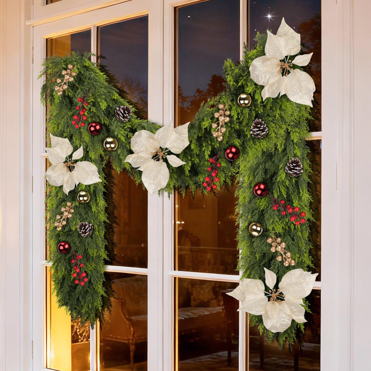 Real Touch Cedar Garland for Home, Thicken Cypress Green Artificial Greenery Garlands, 6FT Realistic Pine Garland with Flowers Berries Pinecones Balls, Cedar Garlands for Christmas in July Decorations