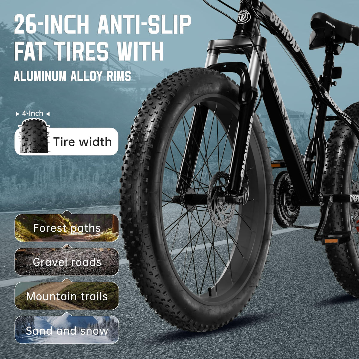 MarKnig 26 inch Fat Tire Mountain Bike with 4 inch Knobby Tires, 21 Speed MTB with Dual Disc Brake for Adults, Anti-Slip Bicycle, Black