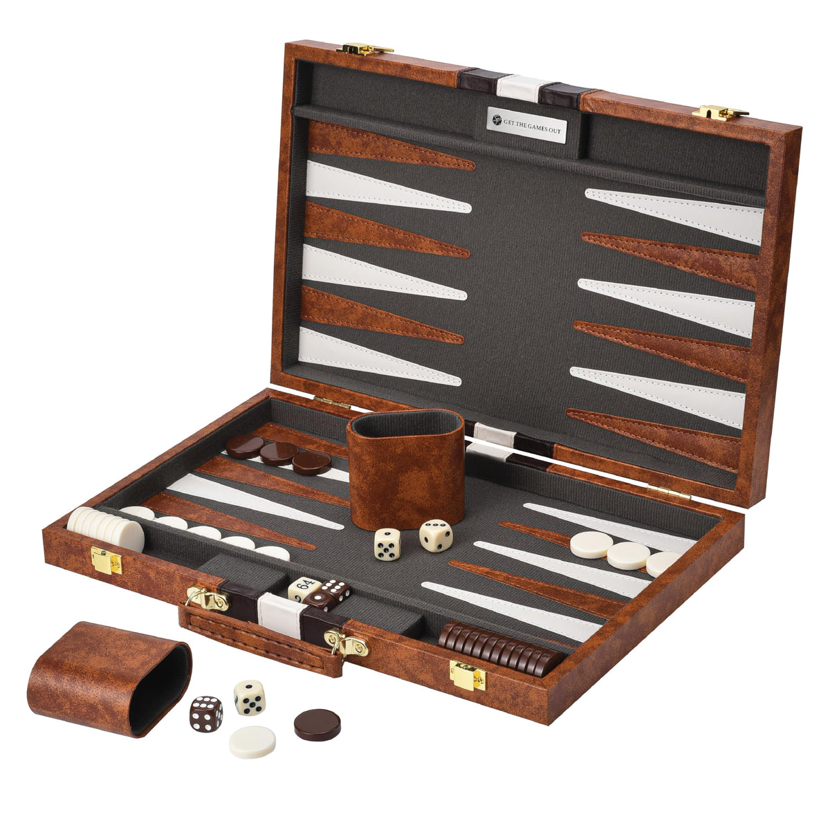 Get The Games Out Backgammon Set for Travel - Small Classic Board Game Case with Strategy Guide & 15 Game Pieces (Brown)