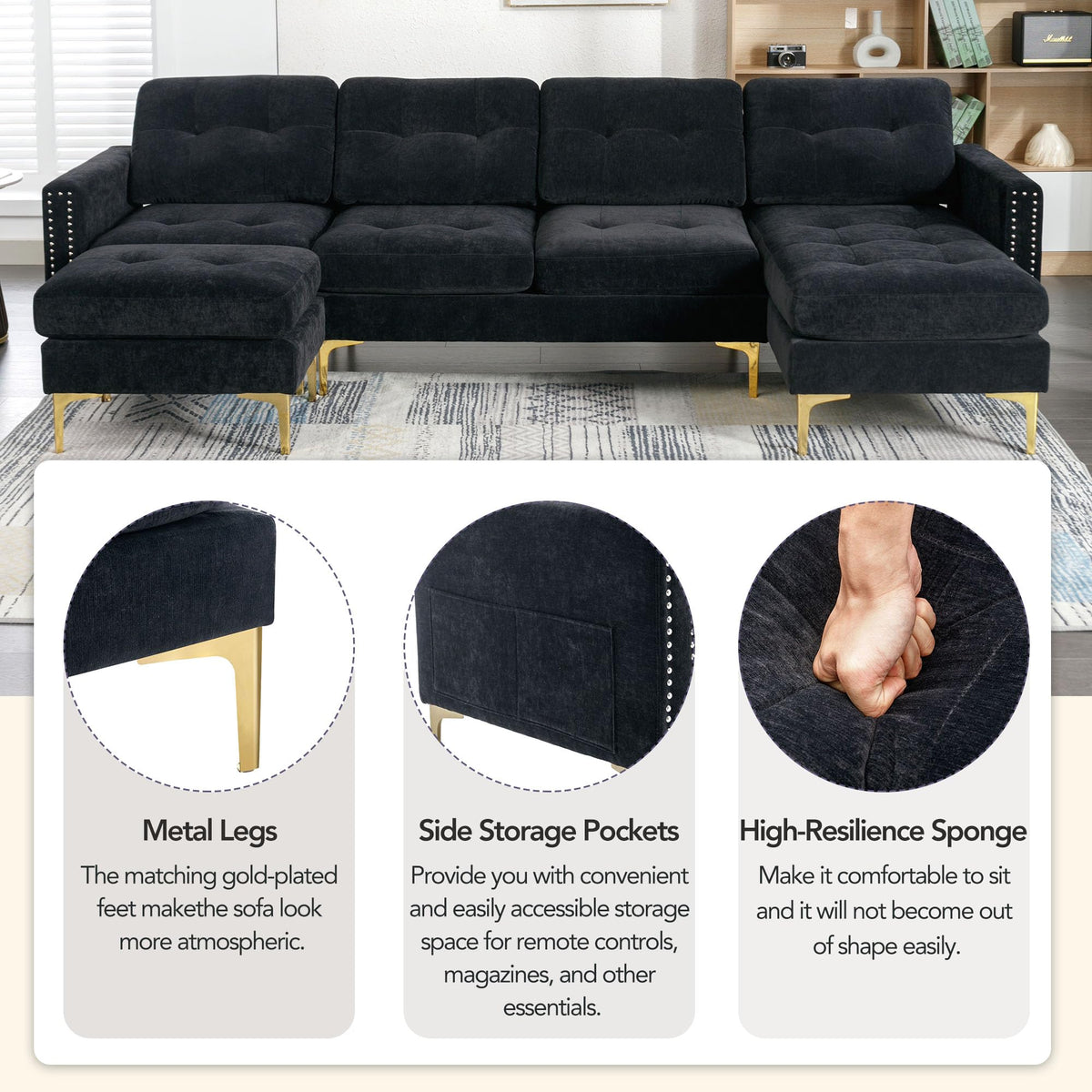 P PURLOVE Velvet Modern Large Sectional Sofa, U Shape Upholstered Couch with Chaise, Convertible Sofa Couch with Movable Ottoman for Living Room Apartment (Black)