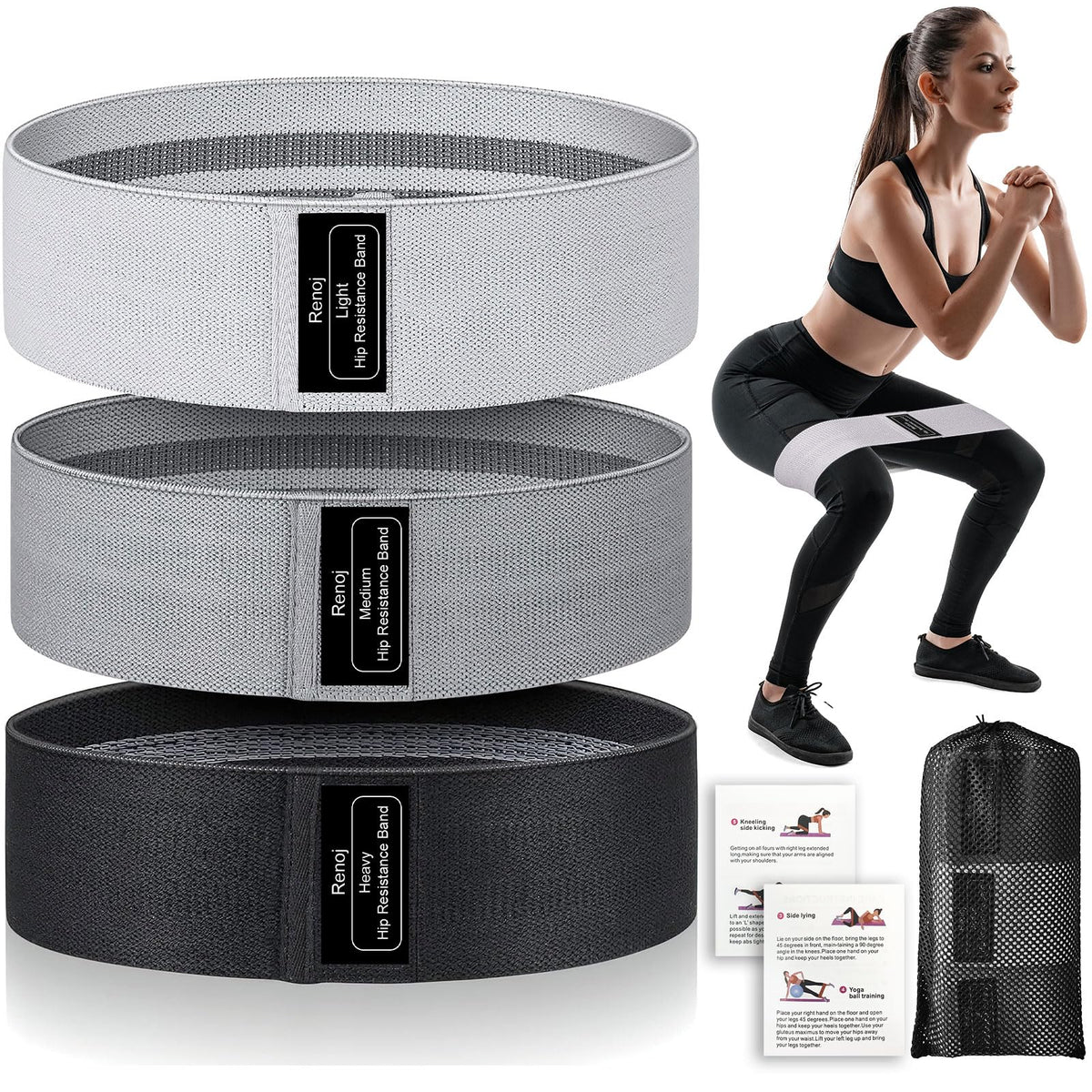 Booty Resistance Bands Set, Renoj Non Slip Hip Exercise Bands for Legs and Butt Women [3 Set]
