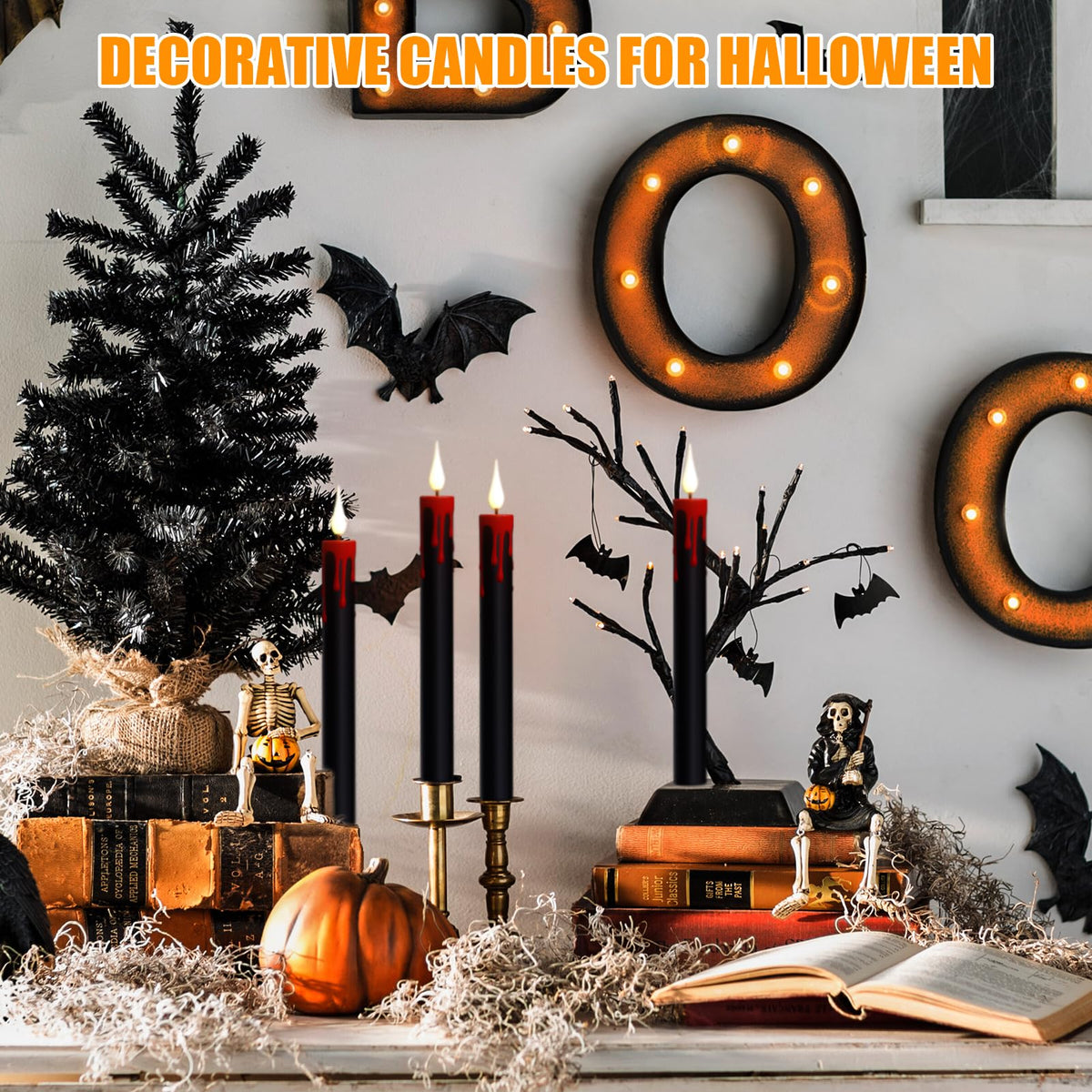 GenSwin Halloween Black Taper Flameless Candles Battery Operated with Remote Timer, 4 Pcs Drip Wax Flameless LED Candle Sticks with 3D Flickering Flame for Window Fireplace Decor (0.78 x 8.9 inches)