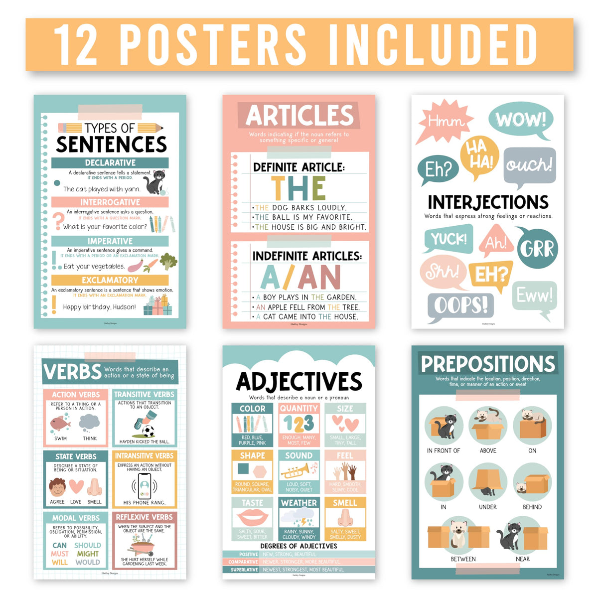 Parts of Speech Posters for Classroom Must Haves - 12 Grammar Posters, Writing Process for Homeschool, Elementary & Middle School, ELA 3rd 4th & 5th Grade Teacher Must Haves, Boho Classroom Décor
