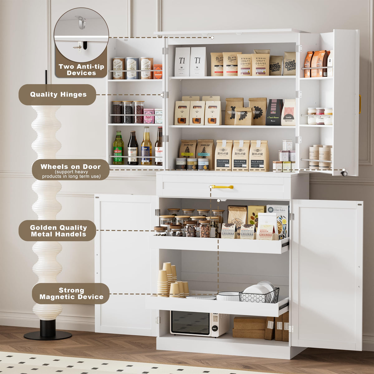 HQZX 71’’ Tall Kitchen Pantry Cabinet, Pantry Storage Cabinet with 6 Doors Shelves, Large Drawer & 2 Pull Out Shelves, Freestanding Cupboard for Kitchen, Dining Room, White