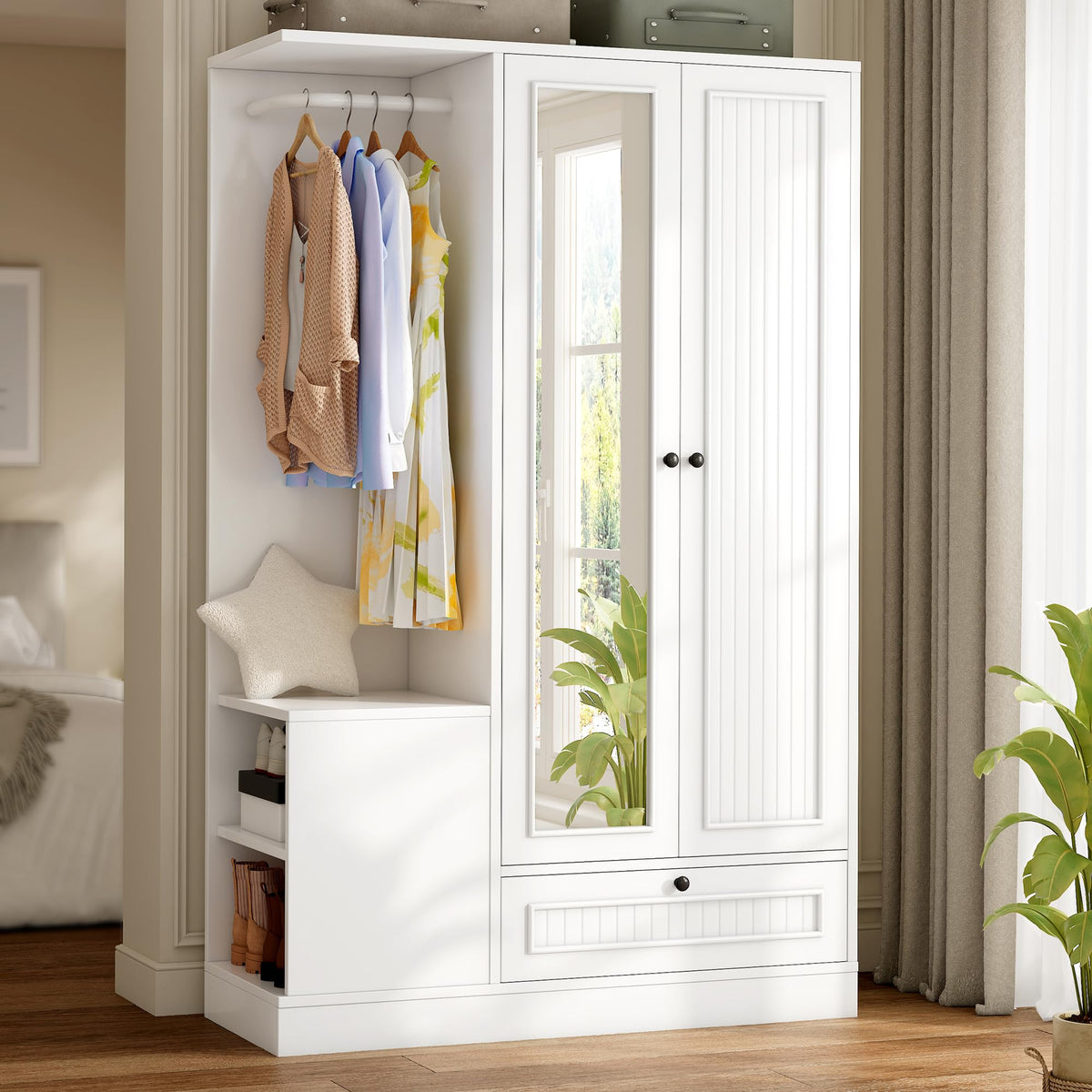 Feonase Armoire Wardrobe Closet with Mirror, Bedroom Armoires with 2 Doors, 1 Drawers and 3 Shelves, Large Clothing Storage Cabinet for Hanging Clothes, White
