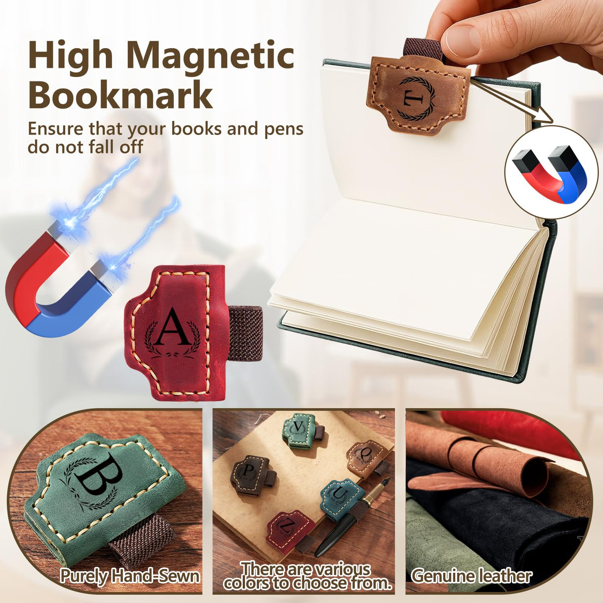 Custom Bygone Mark Bookmark with Pen Holder, 26 Letters Name Initial Personalized Magnetic Leather Bookmark, Gifts for Book Lovers, Readers, Travelers, Leather Book Marks (Blackish Green, H)