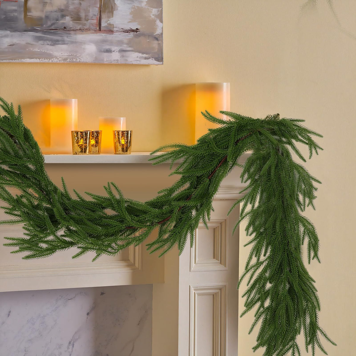 Hananona 2 Pcs 6 Ft Artificial Norfolk Pine Garlands, Real Touch Winter Pine Garland, Green Artificial Greenery Garland for Table, Mantle, Wall, Indoor, Outdoor Christmas Decorations (2, 6 FT)