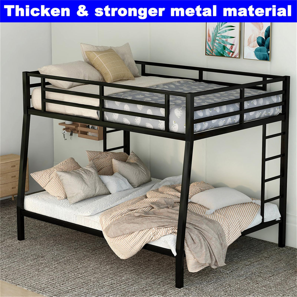 LEEKOUS Upgraded Version Heavy Duty Metal Full XL Over Queen Bunk Bed, Thicken Stronger Steel Full Over Queen Bunk Bed, Queen Size Bunkbed Frame for Adults, Easy Assembly, Black (Full XL Over Queen)