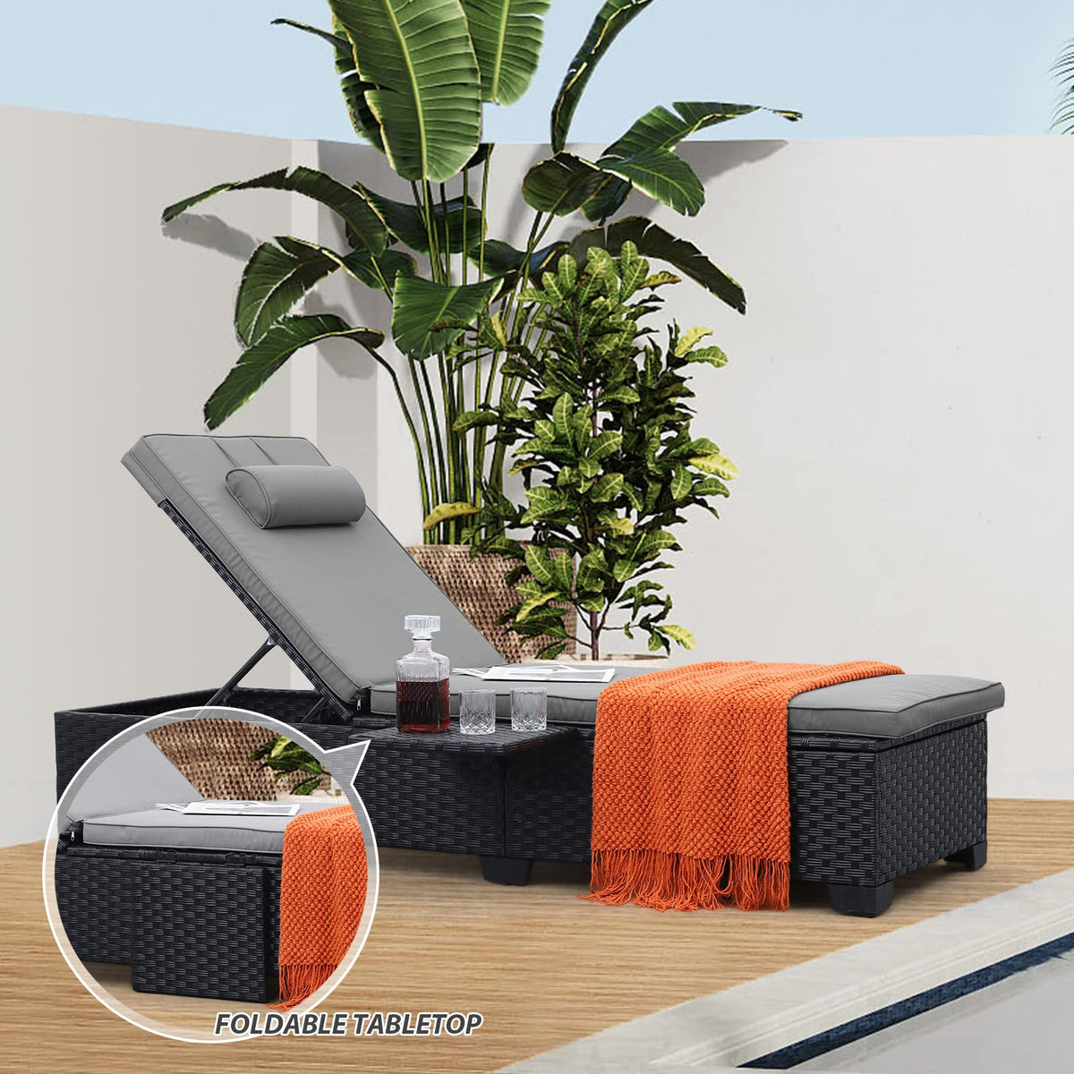 WAROOM Outdoor Chaise Lounge Chairs for Outside Patio Furniture Set of 2 Wicker Recliner Black Rattan Sunbathing Lounger Adjustable Backrest Pool Reclining Chair, Grey Cushion