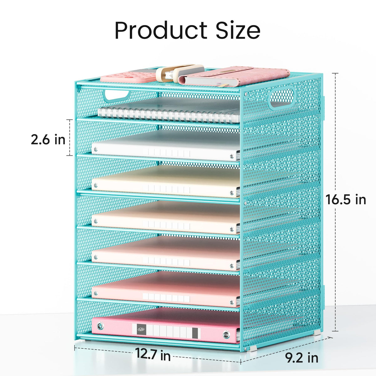 Lavatino 2 Pack 8-Tier Office Desk File Organizer, Letter Tray Paper Organizer with Handle, Including 5 Adjustable Slide Trays for Organizing Desk Workspace Accessories and Supplies (Blue Metal Mesh)