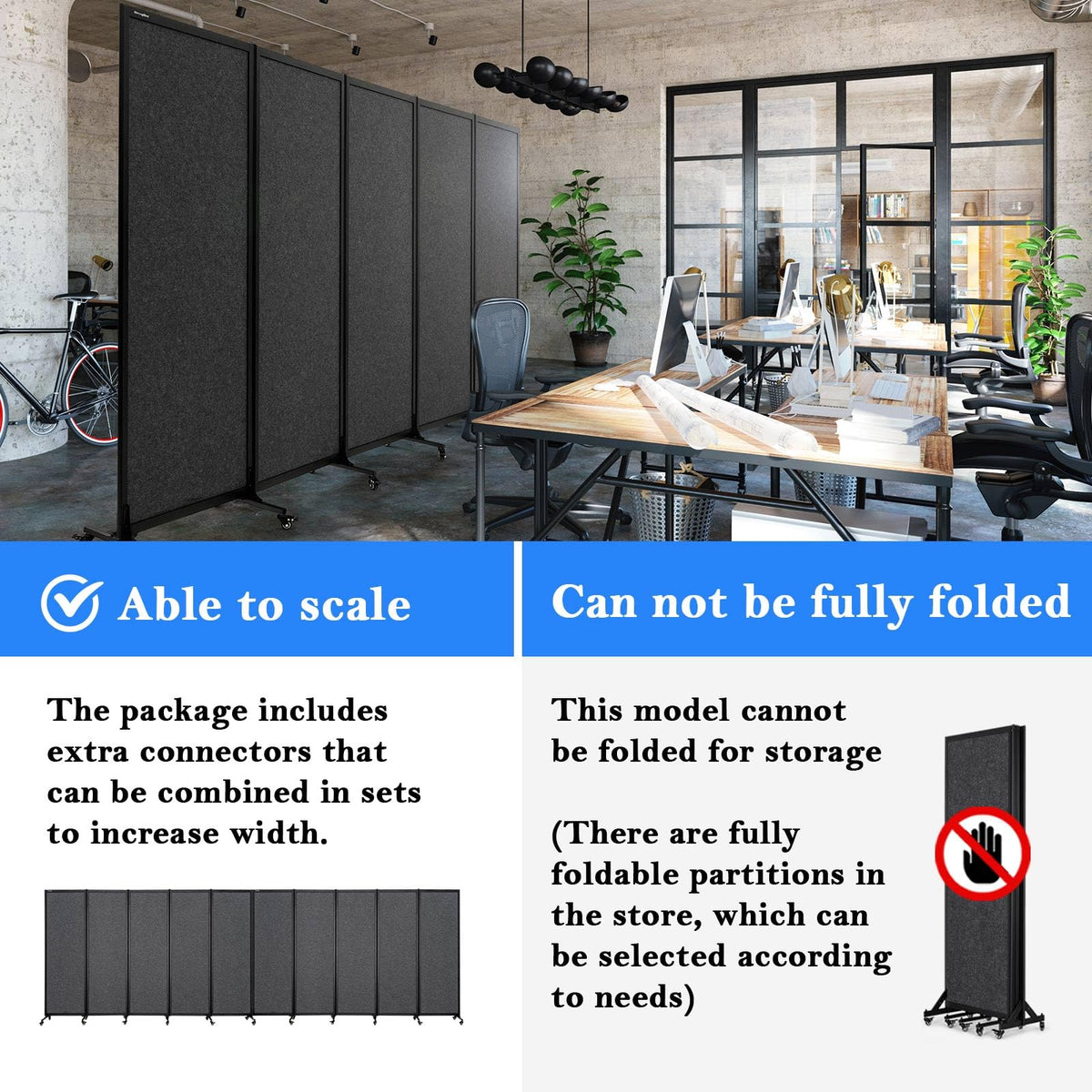 Upgrade Version Room Partition and Divider, Freestanding Rolling Dividers with Wheels,Office Privacy Screen Divider Wall,Classroom Felt Dividers,10'6"L* 6'7"H,5 Panel，Dark Grey