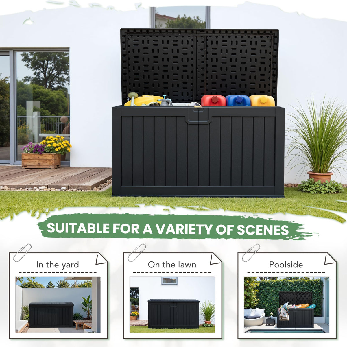 Greesum 230 Gallon HDPE Outdoor Storage Box with Removable Dividers, Weatherproof Oversized Deck Box for Patio, Garage, Garden, Black
