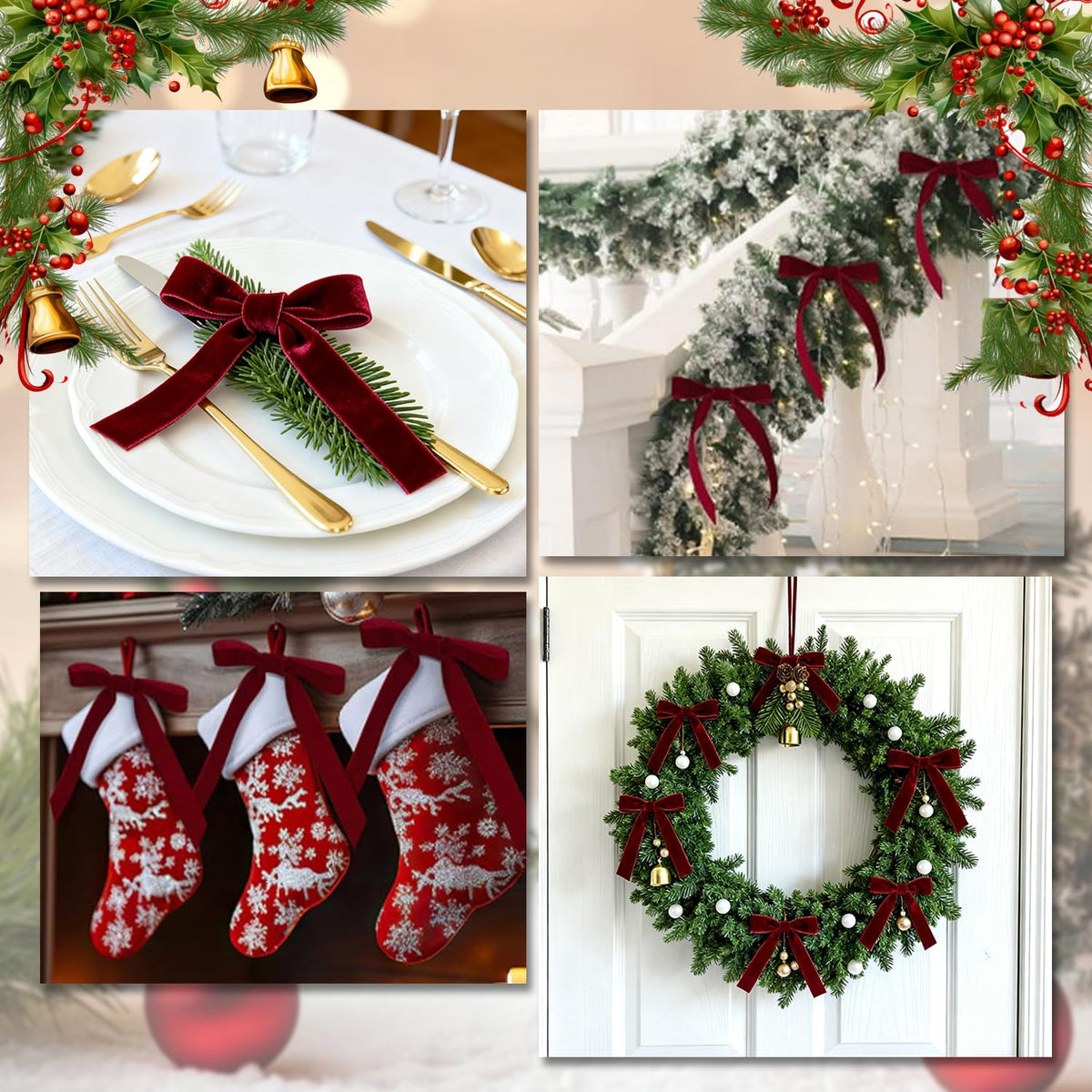 24 PCS Red Velvet Bows for Christmas Tree, Red Velvet Bows with Gold Ties, for Christmas Tree Party Front Door Wreath Holiday Indoor Inside Decor