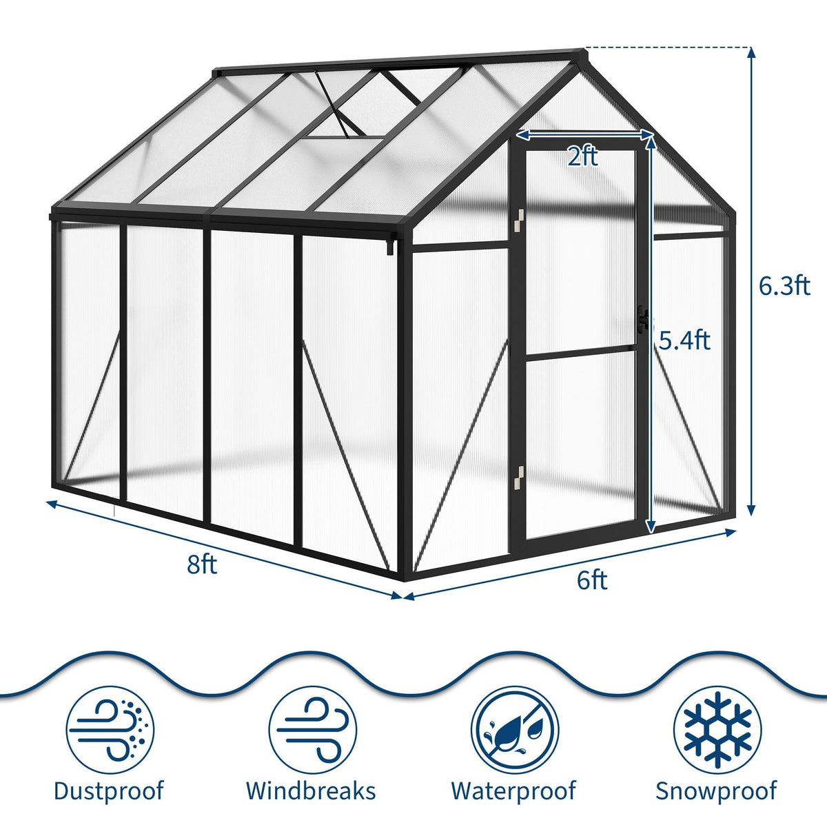 6x8 FT Greenhouse for Outdoors, Polycarbonate Greenhouse with Roof Vent, Ground Nails, Lockable Push Door, Aluminum Large Walk-in Green House for Outside Garden Backyard, Patio, Lawn, Black