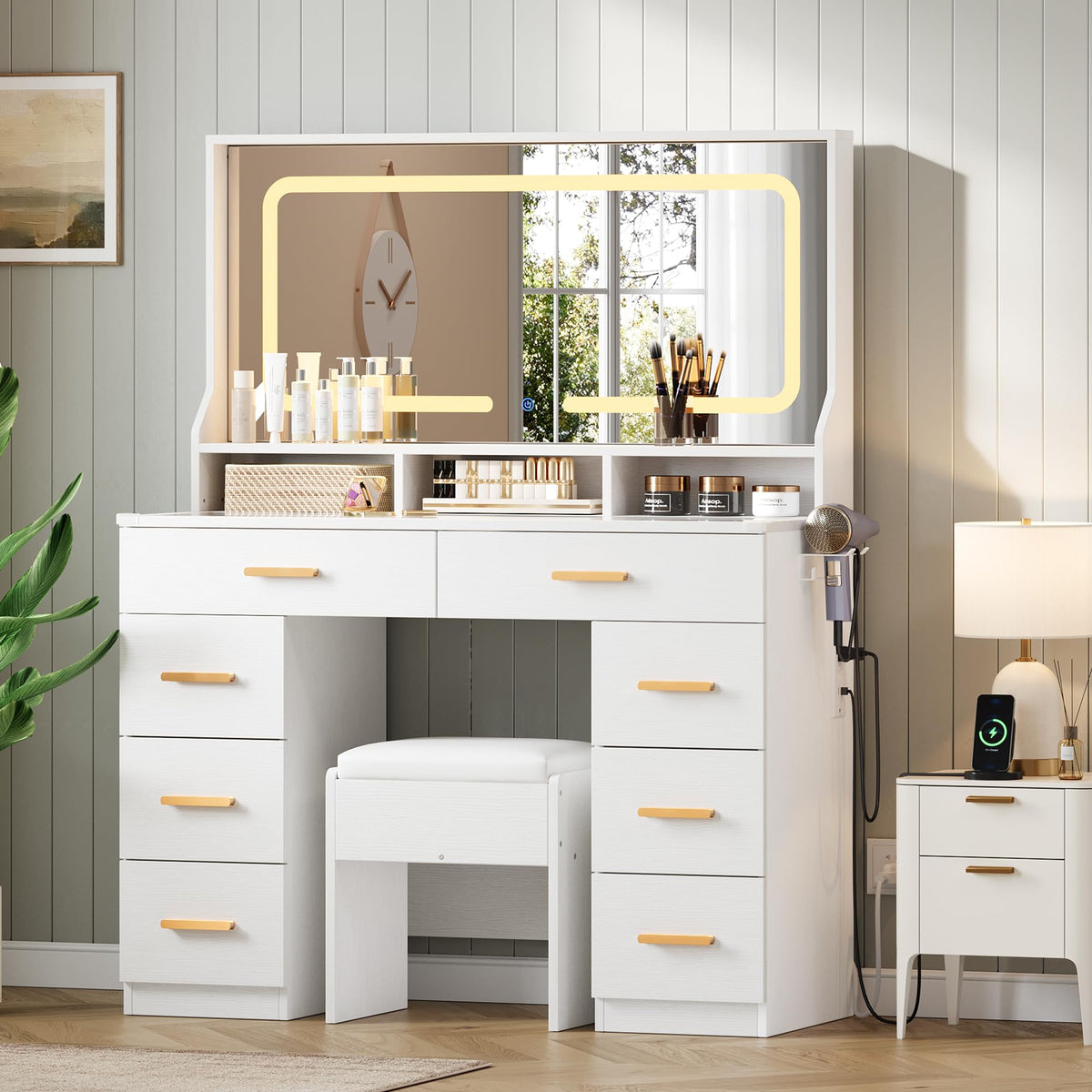 MilleLoom Vanity Desk with Large Mirror & Lights, Makeup Vanity Desk with 8 Drawers & 3 Storage Shelves, Makeup Vanity Table Set with Transparent Glass Top, Stool & Power Outlet for Bedroom, White