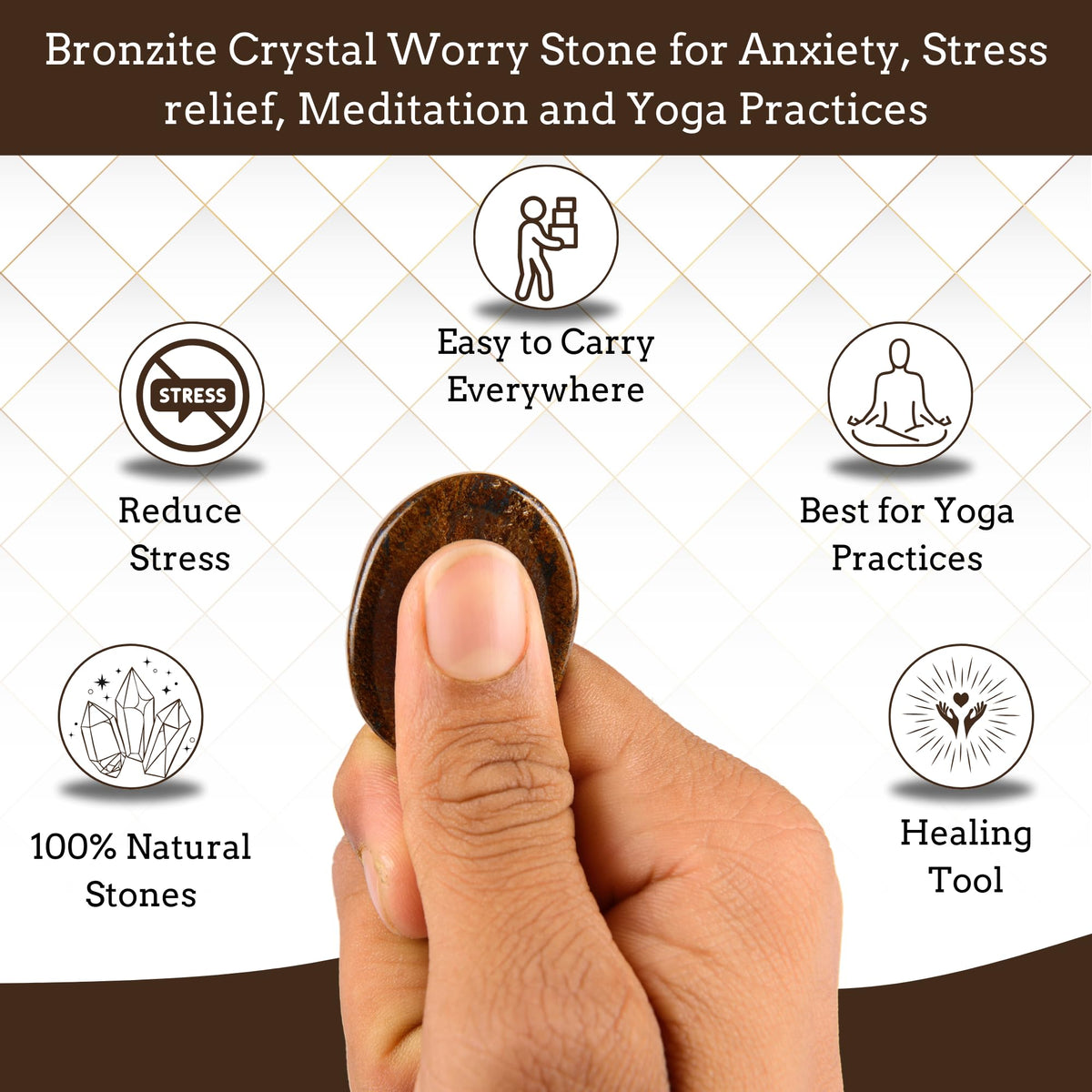 Anaya Agate Bronzite Worry Stones Certified Crystal Thumb Worry Stone for Anguish, Relaxing and Soothing Balance Stones for Meditation, Stress Relief Crystals and Healing Stones for Men Women